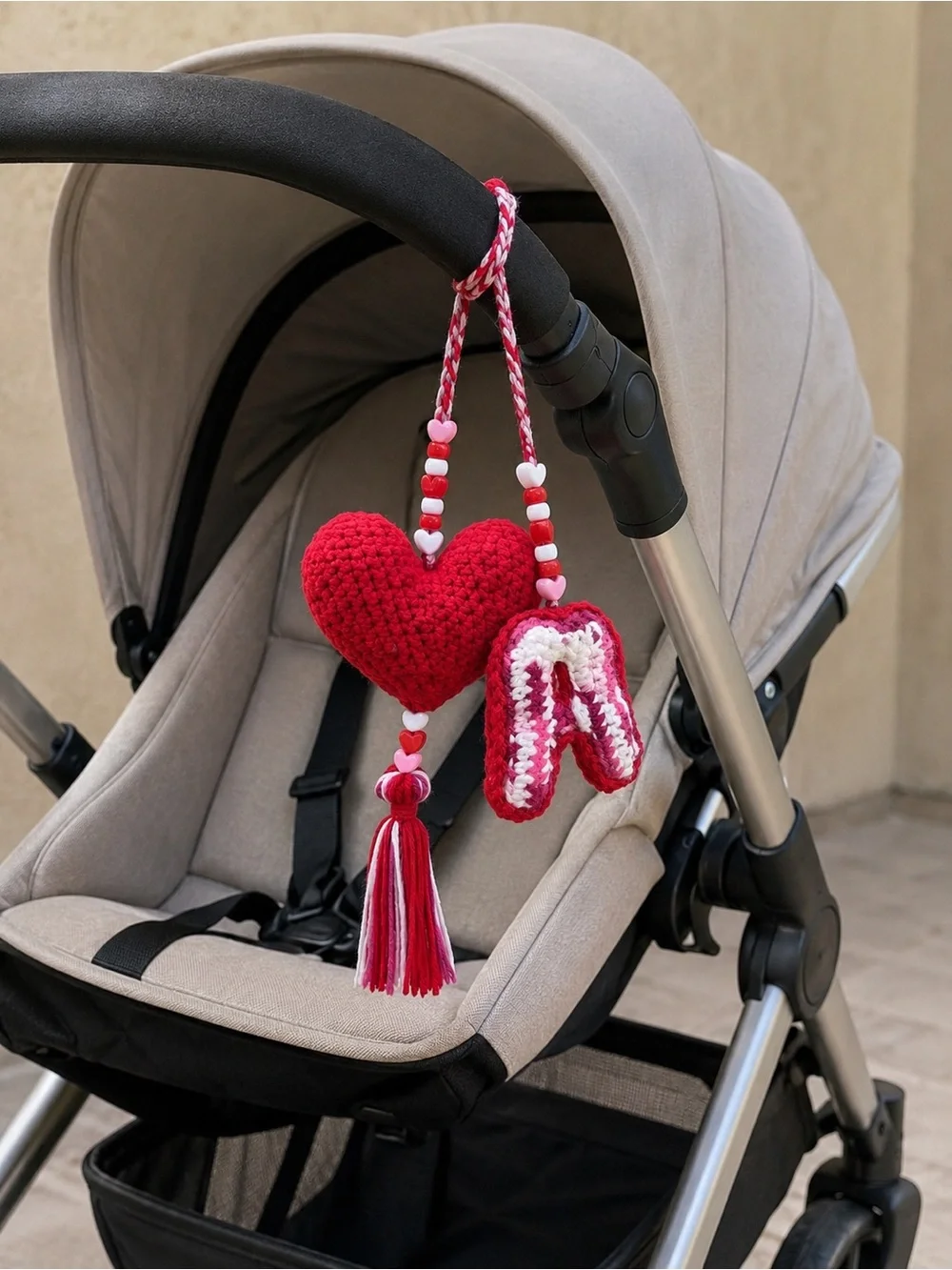 Red Crochet Heart Keychain with Pink Letter A Charm